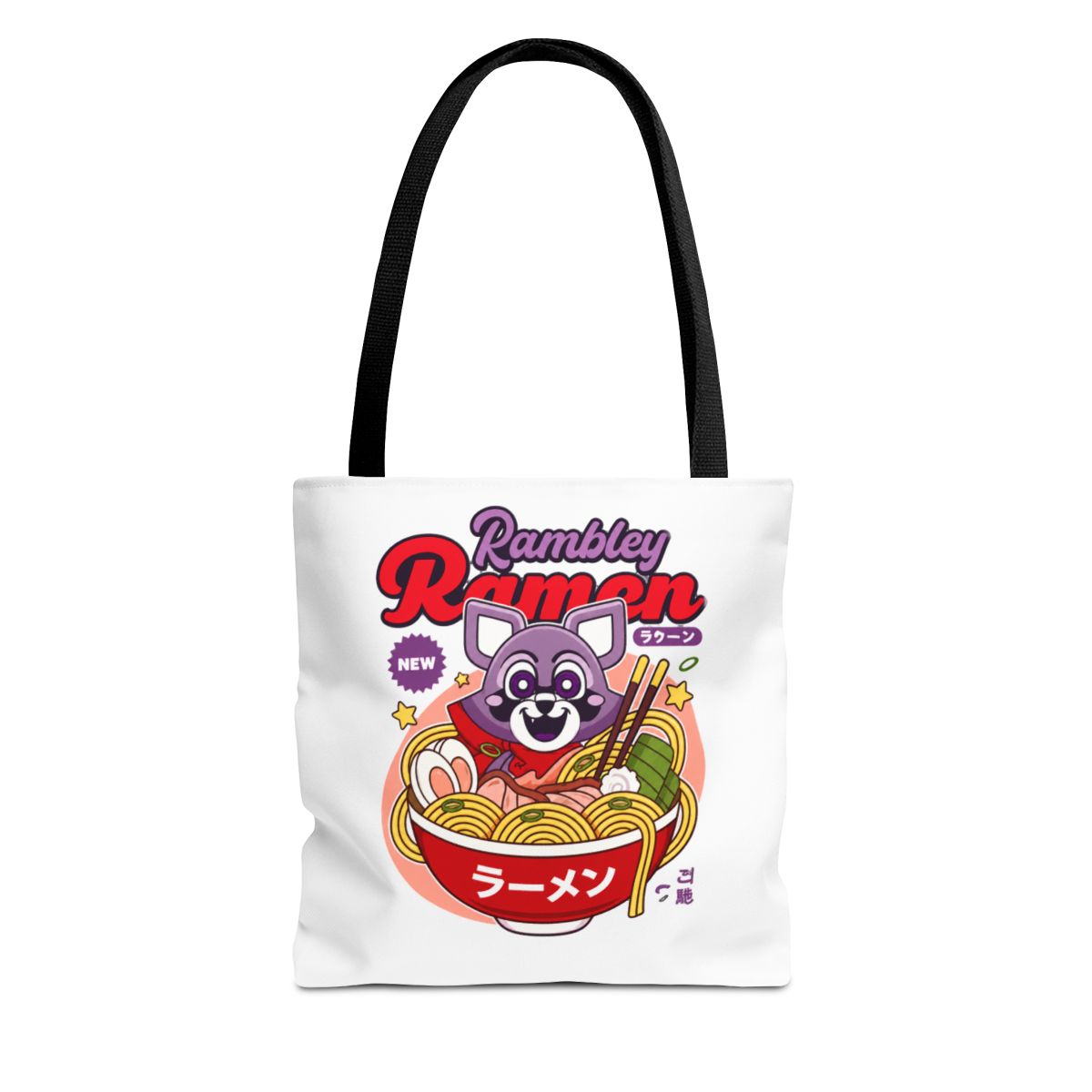 Black Bags with a cartoon raccoon design eating ramen. The design features the text "Rambley Ramen" in red and purple, with Japanese text and a "NEW" badge. The raccoon is holding chopsticks