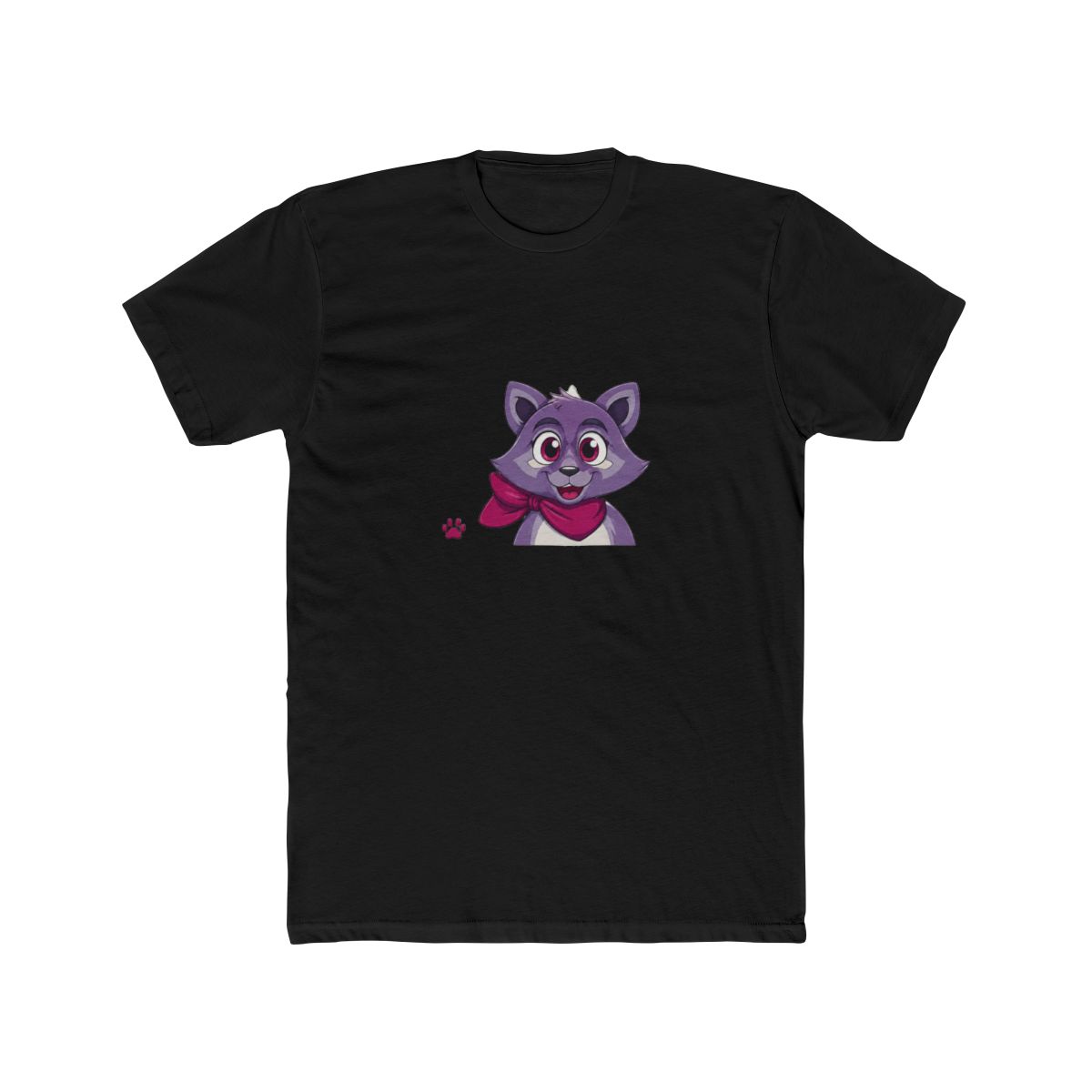 A grey T Shirt with a cartoon raccoon design. The raccoon is purple with a pink bow and large eyes. The text "RAMBLEY RACCOON" is printed above and below the raccoon image in white, with Japanese...