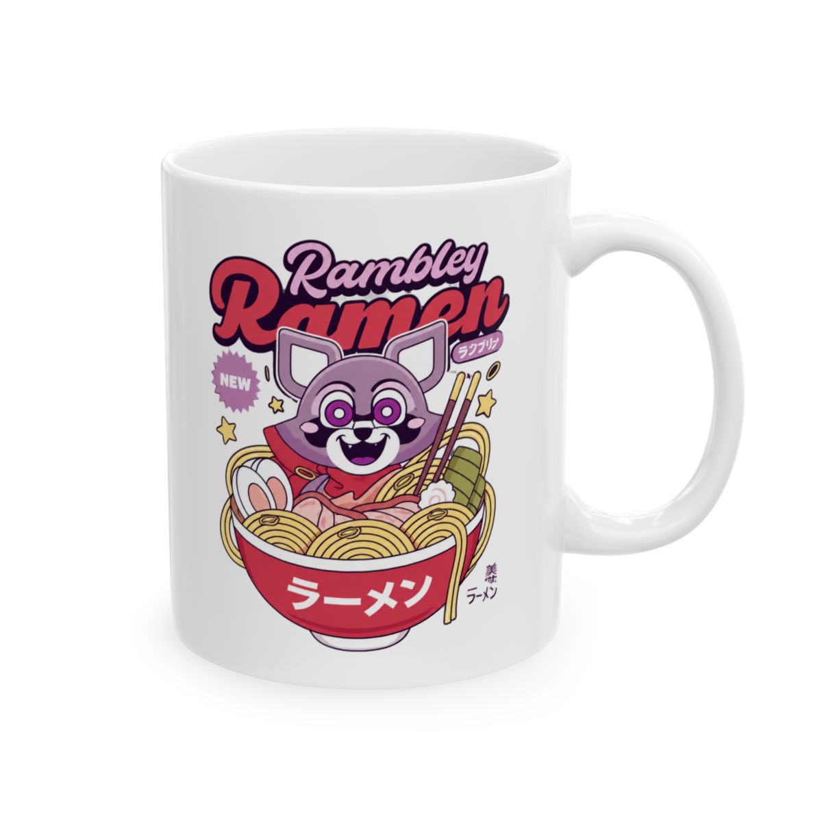 Black ceramic mug with a cartoon raccoon design eating ramen. The mug features the text "Rambley Ramen" in pink, with "NEW" in a starburst. The ramen bowl is red with Japanese text