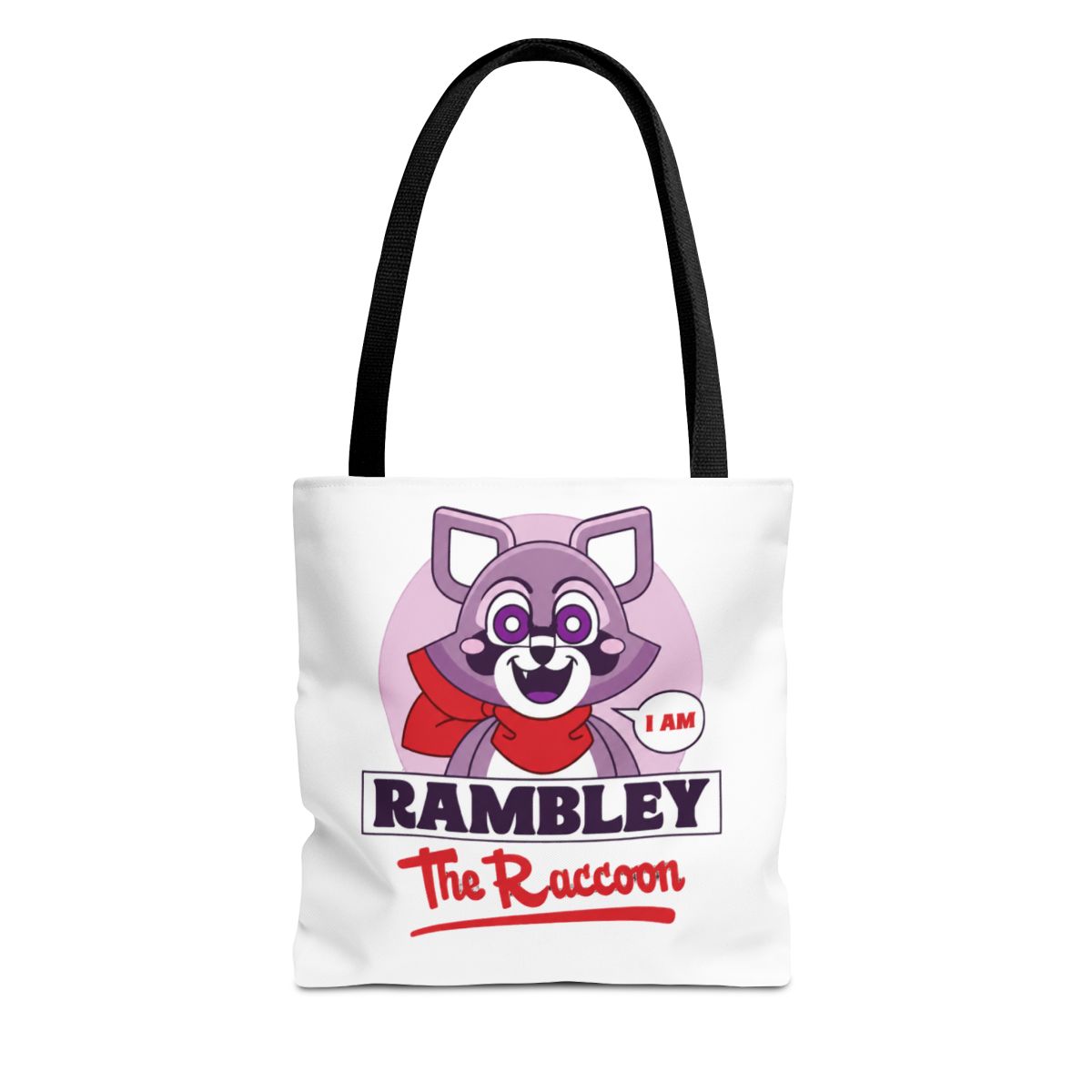 Black Bags with a cartoon raccoon character wearing a red scarf and glasses. The raccoon is inside a pink circle with the text "I AM". Below the raccoon is the text "RAMBLEY The Raccoon" in white and...