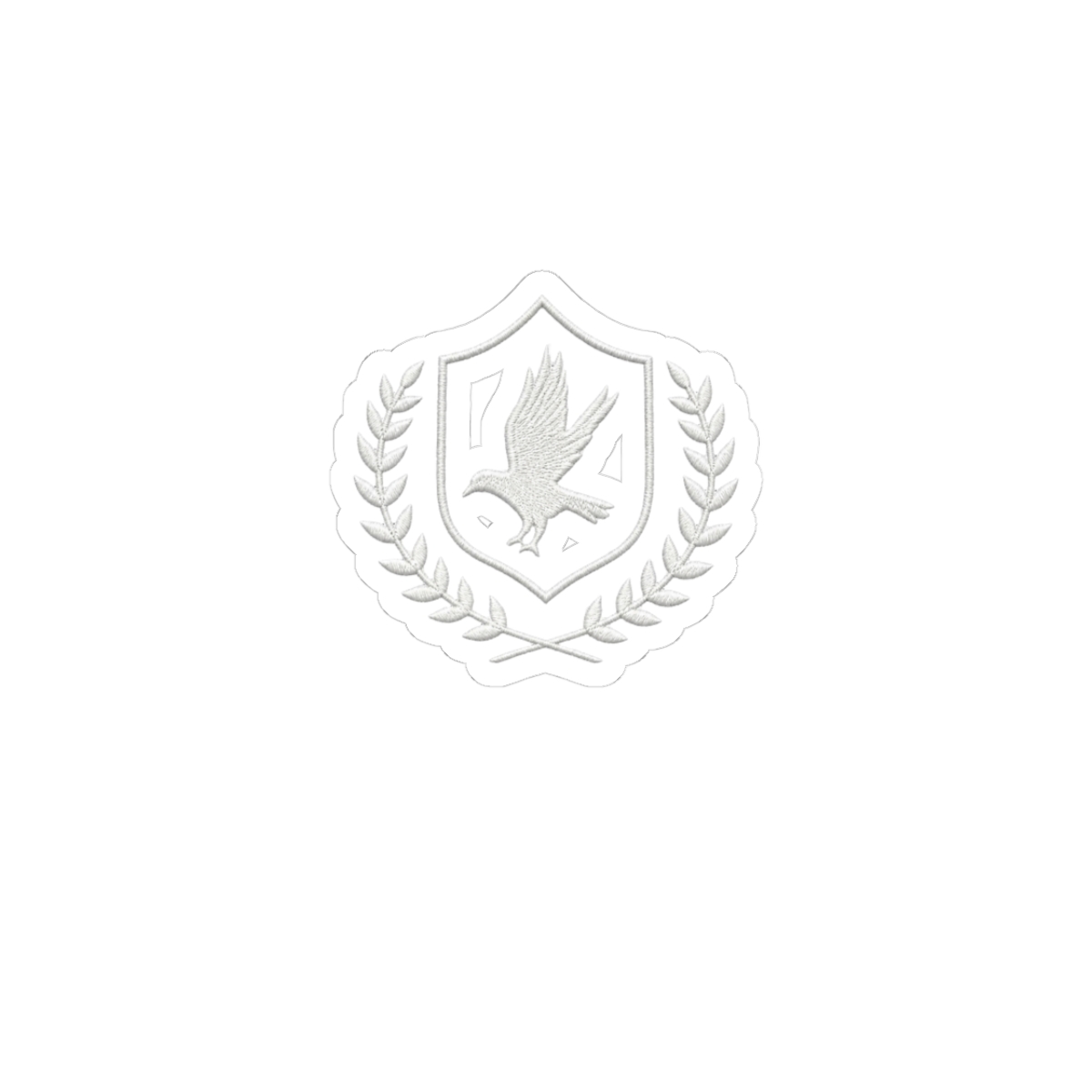 Indigo with a white design of a bird in a shield with a laurel wreath. The text Sticker